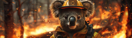 Koala dressed as firefighter in a burning forest, glowing embers in the backgroundの素材