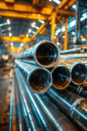 Shiny steel pipes in a factory, neatly stackedの素材