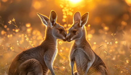 Two kangaroos share a tender moment, touching noses in a field bathed in the golden light of sunset, depicting wildlife emotion and natural beautyの素材