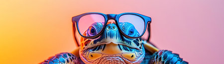 A cute turtle wearing colorful glasses against a soft gradient backgroundの素材