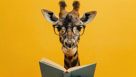 A studious giraffe with glasses engrossed in reading a book, set against a bright yellow backdropの素材