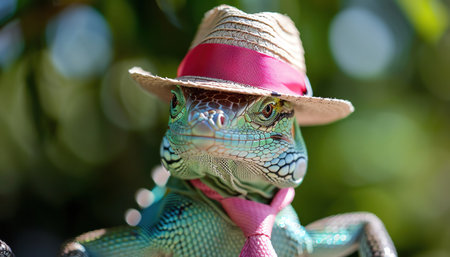 A fashionable lizard dons a summer hat and pink tie, showcasing a dapper styleの素材