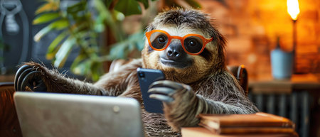A relaxed sloth using a smartphone while comfortably settled in an office environmentの素材