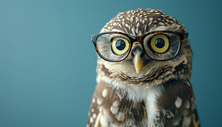 An intelligentlooking owl wears business attire with glasses and a tie against a blue backgroundの素材
