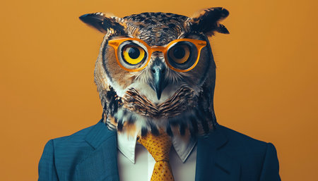 A sophisticated owl poses in an elegant blue suit and trendy orange glasses, radiating poiseの素材