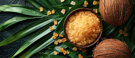 Brown sugar in a bowl, coconuts, and palm leaves, tropical vibeの素材