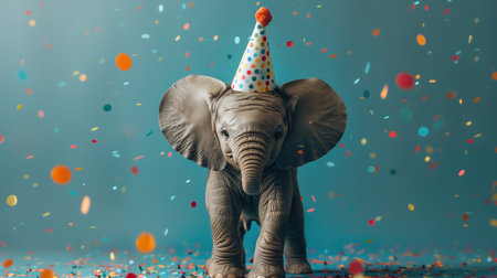 Baby elephant in a party hat with confetti on a blue background, midshot, festive celebrationの素材