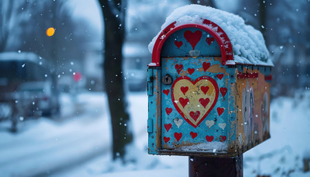 Colorful mailbox decorated with hearts, snowy backgroundの素材