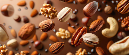 Assorted nuts floating against a warm brown backgroundの素材