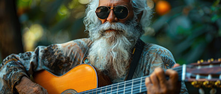 Elderly man, white beard, sunglasses, playing acoustic guitar, energeticの素材