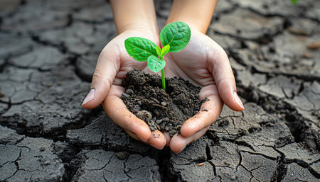 Hands holding a seedling with soil, cracked earth backgroundの素材