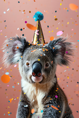 Koala with party hat and confetti, pink backgroundの素材