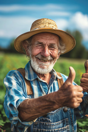 Happy elderly farmer, straw hat, overalls, thumbs up, green field under sunny skyの素材
