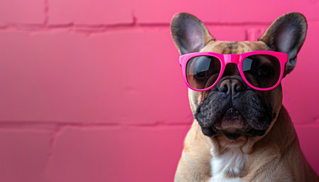 French Bulldog with pink sunglasses, posing against a vibrant pink background, front viewの素材