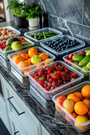 Fresh fruits and veggies in containers on a kitchen counterの素材