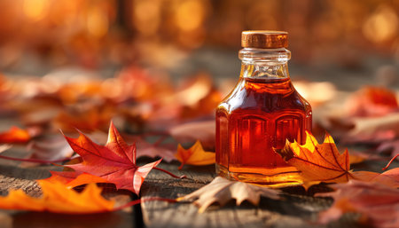 Maple syrup in a small glass bottle, surrounded by autumn leavesの素材