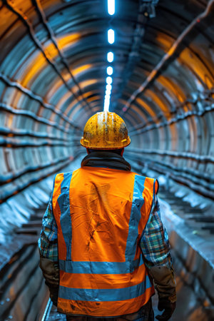 Worker in a highvisibility vest in a tunnelの素材