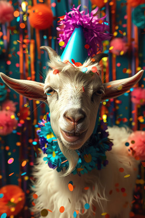 A cheerful goat in a party hat and colorful decorations smiles joyfully, suggesting a celebrationの素材