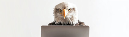 Bald eagle using a laptop, white background, focused expressionの素材