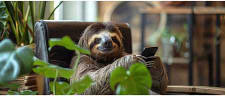 A relaxed sloth using a smartphone while comfortably settled in an office environmentの素材