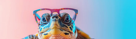 A cute turtle wearing colorful glasses against a soft gradient backgroundの素材
