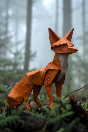 A solitary paper origami fox in a serene, foggy, pine forest environmentの素材