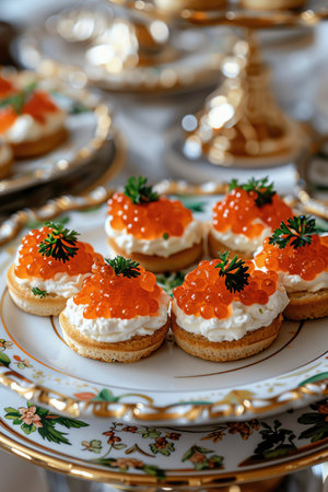 An Elegant canapes topped with red caviar and parsley, presented on a decorative plate for a luxurious appetizerの素材