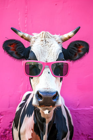 A humorous portrait of a cow wearing sunglasses against a bright pink backdropの素材