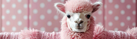 Alpaca with a fluffy pink top, pastel polka dot backgroundの素材
