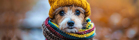 Adorable puppy dressed in a knit hat and colorful striped scarfの素材