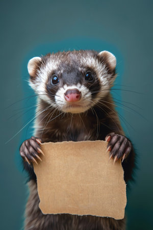 Adorable ferret holding blank sign, teal background, curious lookの素材