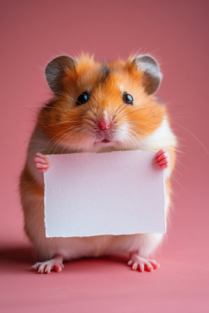 Cute hamster holding blank sign, pink background, playful expressionの素材