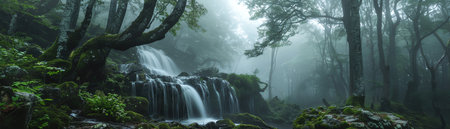 Foggy forest, cascading falls, ancient trees, soft light, low angle, mysticalの素材