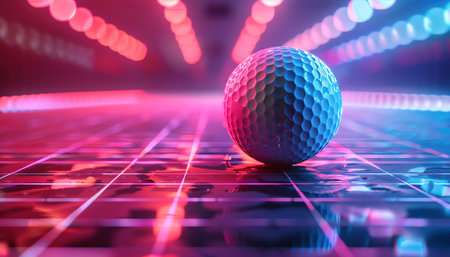 Golf ball on a neon grid, futuristic sports conceptの素材