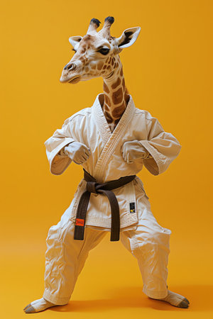 Karate giraffe in gi, action pose, yellow background, playful and surrealの素材