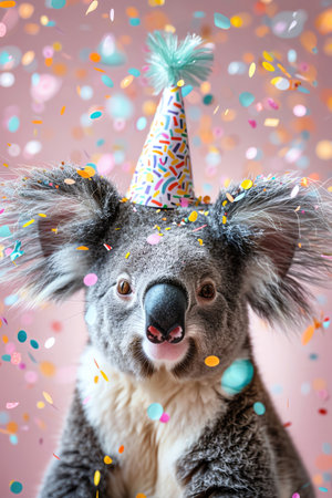 Koala with party hat and confetti, pink backgroundの素材