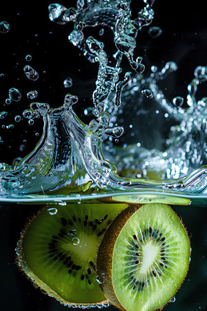 Sliced kiwi splashing into water, clear background, high speed photographyの素材