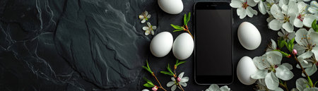 Smartphone on dark stone, white eggs, flowers, minimalisticの素材