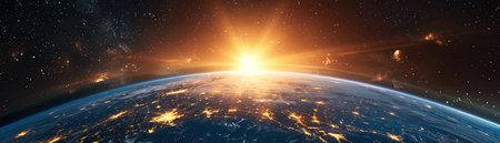 The horizon of Earth at sunrise, with city lights visible from space, symbolizing connectivityの素材