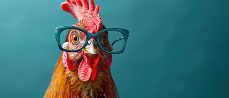 A headshot of a chic chicken wearing glasses on a sophisticated teal backgroundの素材