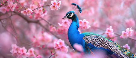 A majestic peacock displays its vibrant plumage among the cherry blossoms, a scene of splendor and graceの素材