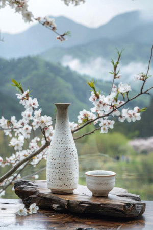 Elegant sake bottle and cup set against a backdrop of cherry blossoms and serene mountainsの素材