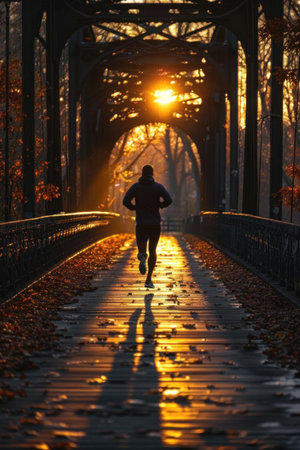 Runner at sunrise on a city bridge, silhouette against the early light, dynamic angle, embodying freedom and enduranceの素材