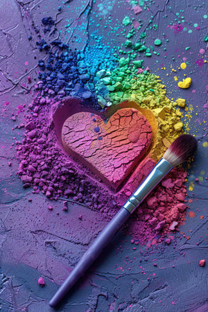 A colorful heart made of rainbowcolored makeup powder with a cosmetic brush on a purple surfaceの素材