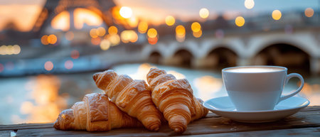 A classic Parisian breakfast featuring croissants and coffee with the Eiffel Tower in the backdrop, evoking a French morning ambianceの素材