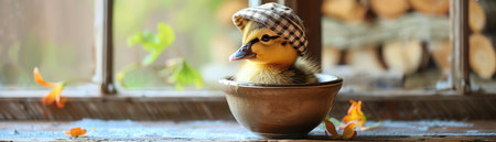 A charming scene of a duckling sitting inside a bowl, adorned with a checkered hat, evoking a sense of whimsy and cutenessの素材