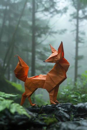 A solitary paper origami fox in a serene, foggy, pine forest environmentの素材