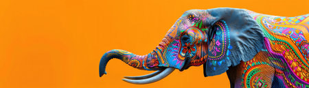 A creatively designed colorful elephant with intricate patterns stands out against an orange backgroundの素材