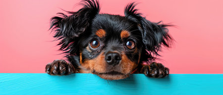 Happy puppy peeking over a bright blue edge, cheerful pink backgroundの素材