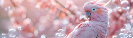 Pink cockatoo among bubbles, soft pastel colors, dreamy atmosphere, whimsical sceneの素材